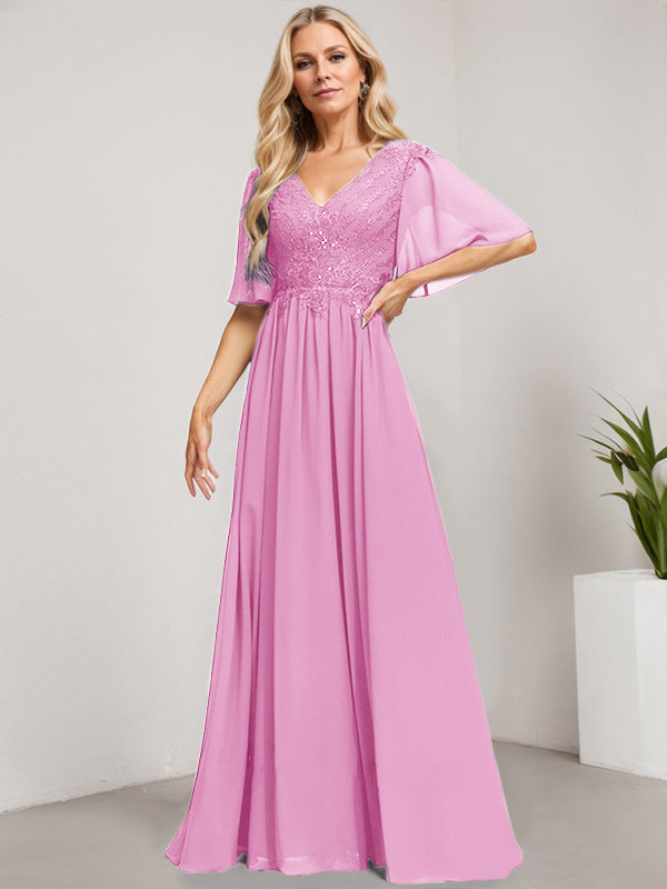 Robe mère de la mariée ligne A col en V longue en dentelle et chiffon avec sequins