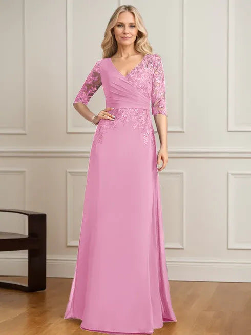 A-Linien V-Ausschnitt bodenlanges Spitzen-Chiffon Kleid der Brautmutter mit plissierten Pailletten