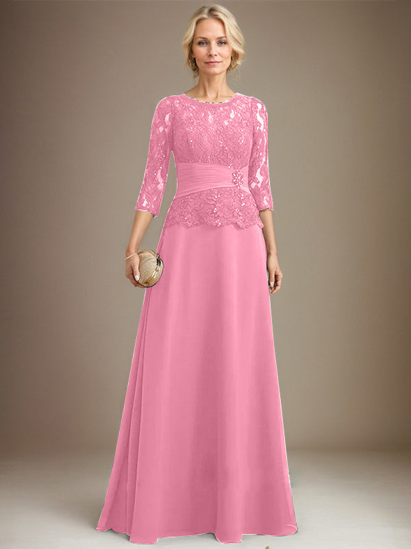 A-Linien Kleid mit Scoop-Ausschnitt, Illusion, bodenlangem Chiffon und Spitze, Mutter-der-Braut-Kleid mit plissierten Pailletten und Perlenbesatz