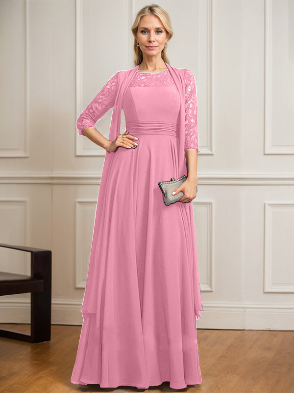 A-Linien Kleid mit Rundhalsausschnitt, Illusion, bodenlang aus Spitze und Chiffon, Mutter-der-Braut-Kleid mit Faltenwurf