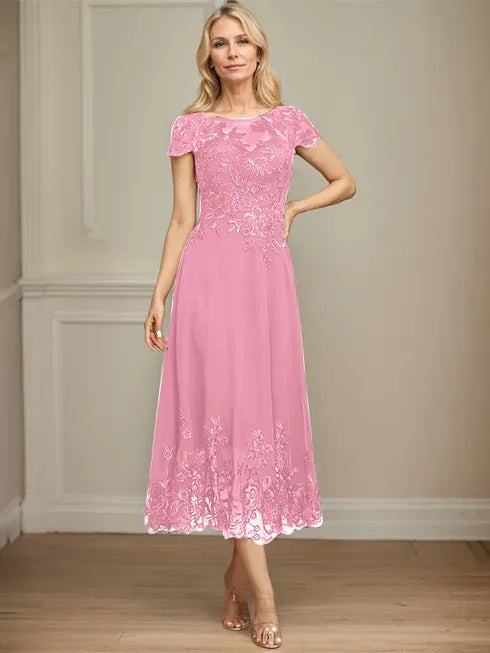 A-Linien Illusions Rundhals tea-langes Spitzenchiffon Mutter der Braut Kleid mit Pailletten