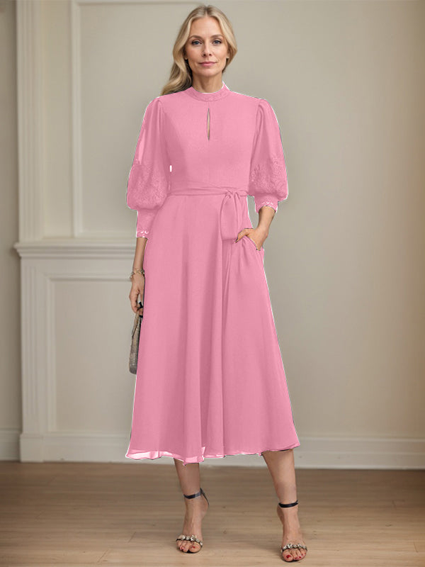 A-Linien Kleid mit hohem Kragen, tea-länge, Spitze und Chiffon, Brautmutterkleid mit Schleife