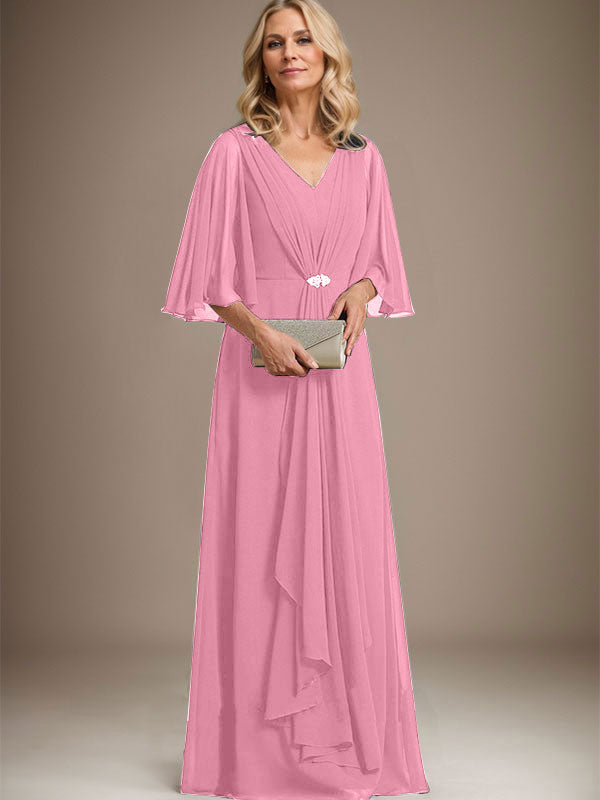A-Linien V-Ausschnitt Bodenlanges Chiffon Kleid für die Brautmutter mit kaskadierenden Rüschen und Kristallbrosche