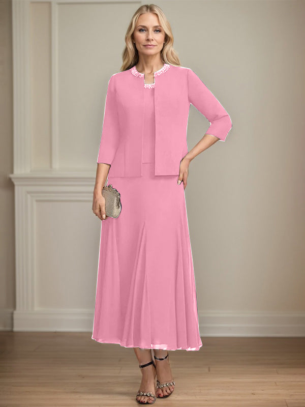 Separates A-Linien Chiffonkleid mit Rundhalsausschnitt, tea-length, Mutter der Braut mit Pailletten und Perlen