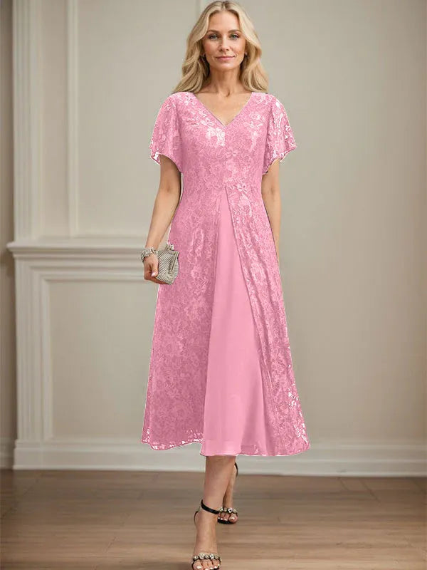 Robe mère de la mariée ligne A en dentelle et mousseline à col en V longueur thé