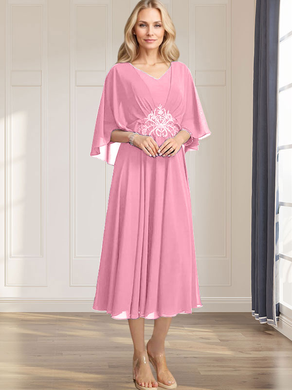 Robe de mère de la mariée en mousseline, longueur thé, col en V, en ligne A, avec appliques plissées, sequins, dentelle et perles