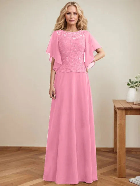 A-Linien Rundhals Illusions-Bodenlanges Spitzen-Chiffon Mutter-der-Braut-Kleid mit Pailletten