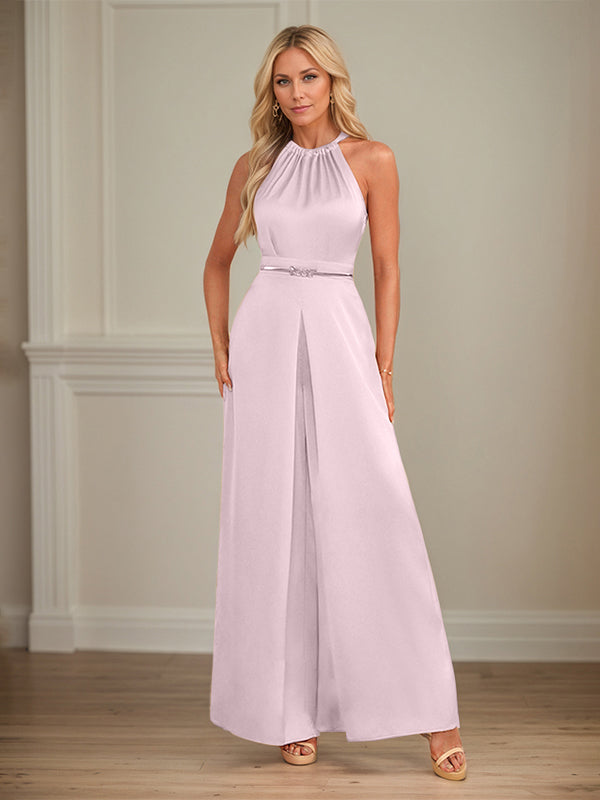 Jumpsuits Neckholder bodenlanges Satin Hochzeitskleid
