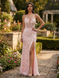 Abito da ballo con corsetto rosa con applicazioni floreali 3D e paillettes con spacco