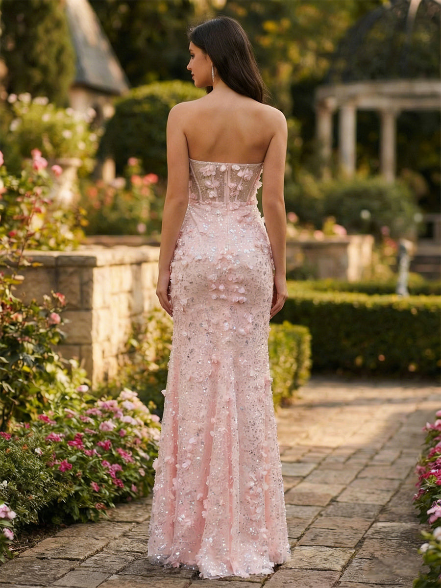Abito da ballo con corsetto rosa con applicazioni floreali 3D e paillettes con spacco