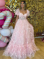 Vestido de fiesta con corsé floral 3D rosa y mangas abullonadas