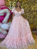Vestido de fiesta con corsé floral 3D rosa y mangas abullonadas