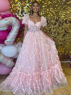 Vestido de fiesta con corsé floral 3D rosa y mangas abullonadas