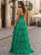 Pink A Line Strapless Sweetheart Tiered Lace Corset Prom Dress