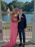 Robe longue de bal rose à sequins intégral avec fente