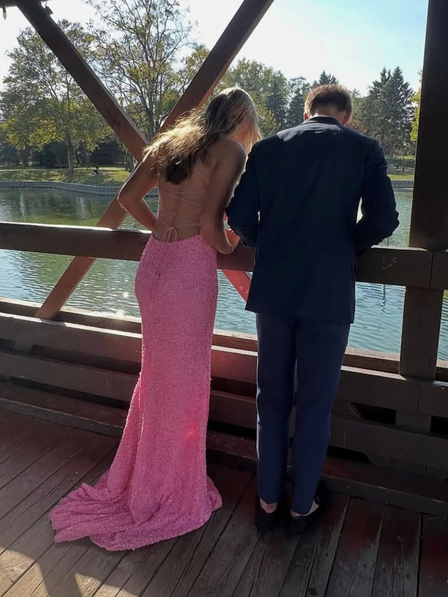 Robe longue de bal rose à sequins intégral avec fente