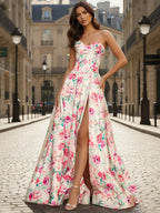 Abito da ballo rosa floreale a linea ad A senza spalline con corsetto e spacco