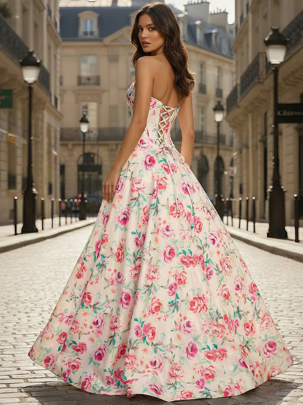 Abito da ballo rosa floreale a linea ad A senza spalline con corsetto e spacco