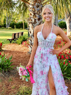 Pink Floral Halter Corset Ruffled Long Prom Dress with Slit
