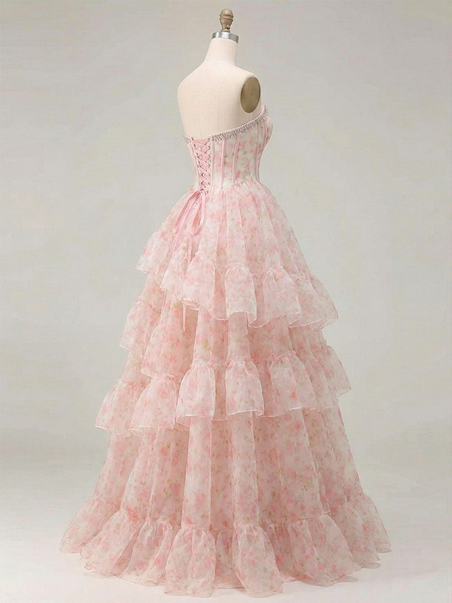Vestido de fiesta con corsé sin tirantes de organza con estampado floral rosa y adorno de cristales en capas