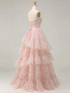 Vestido de fiesta con corsé sin tirantes de organza con estampado floral rosa y adorno de cristales en capas