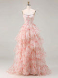 Vestido de fiesta con corsé sin tirantes de organza con estampado floral rosa y adorno de cristales en capas