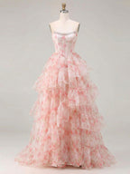 Vestido de fiesta con corsé sin tirantes de organza con estampado floral rosa y adorno de cristales en capas