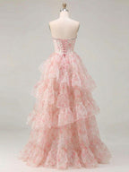 Vestido de fiesta con corsé sin tirantes de organza con estampado floral rosa y adorno de cristales en capas