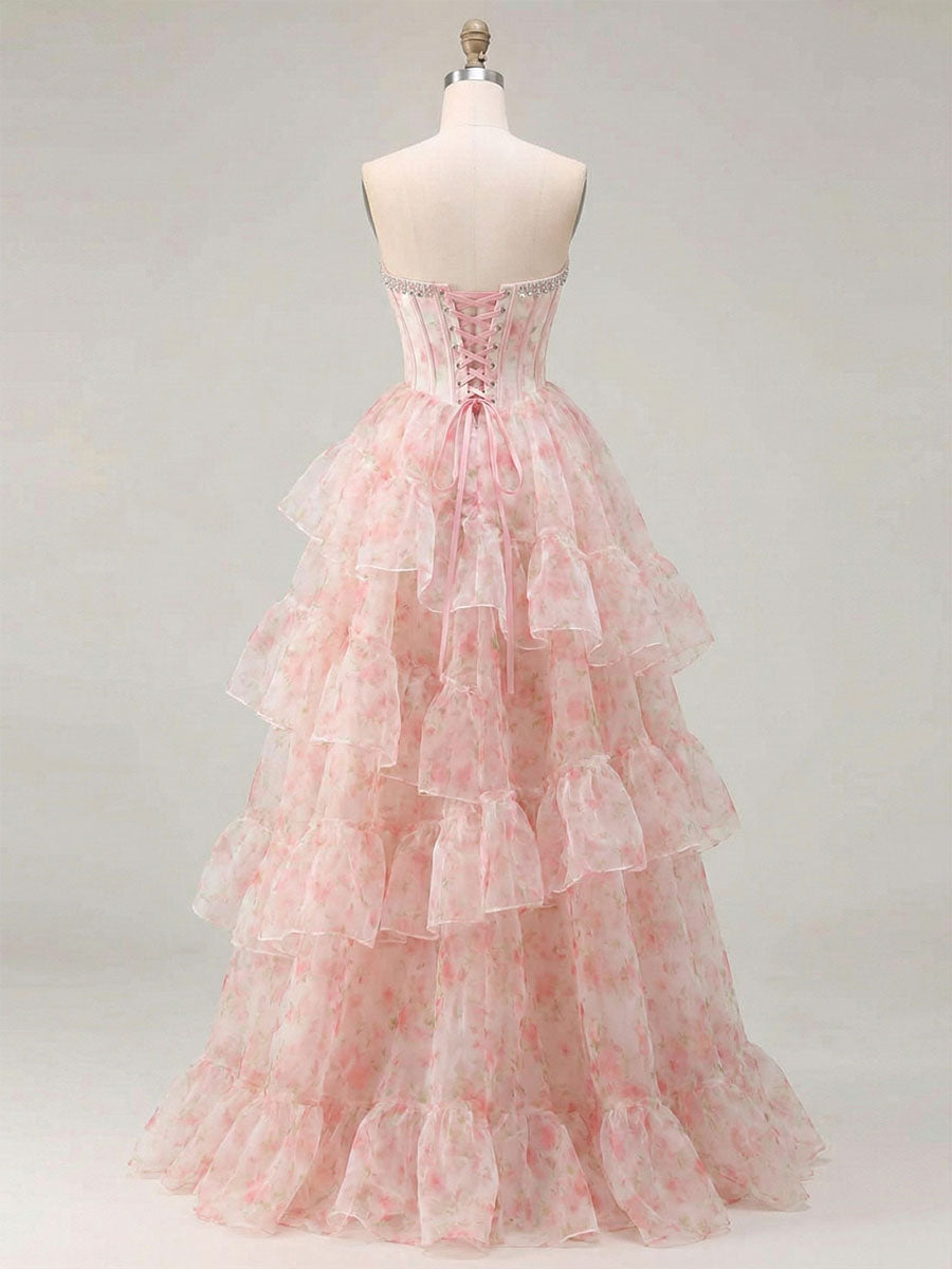 Vestido de fiesta con corsé sin tirantes de organza con estampado floral rosa y adorno de cristales en capas