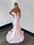 Pink Floral Print Satin Strapless Corset Prom Dress with High Slit