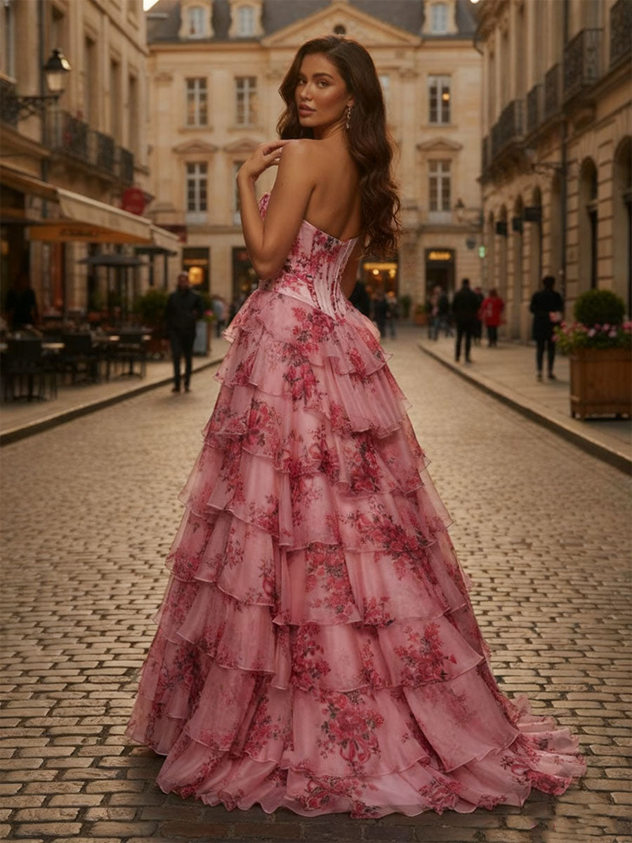 Vestido rosa floral sem alças, chiffon com babados, corpete e fenda para baile
