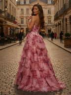 Vestido rosa floral sem alças, chiffon com babados, corpete e fenda para baile