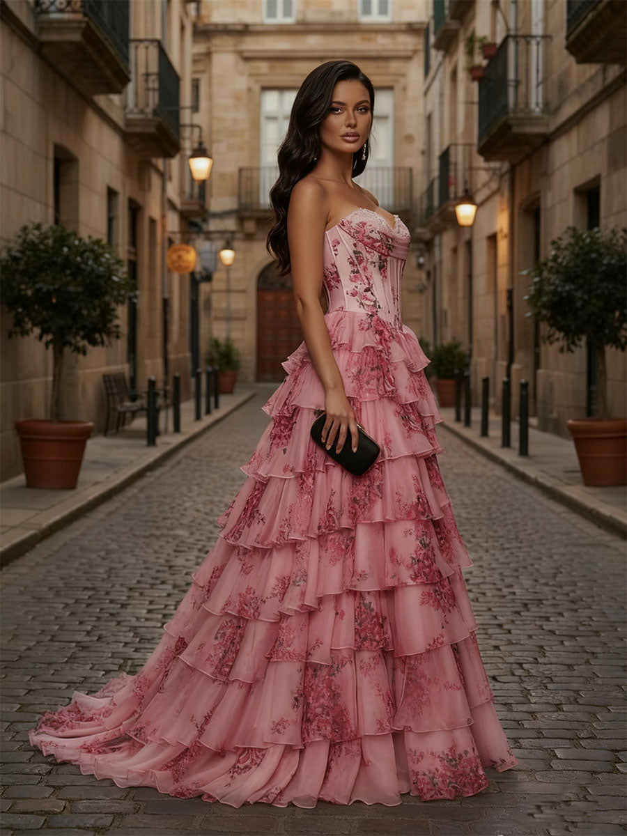 Vestido rosa floral sem alças, chiffon com babados, corpete e fenda para baile