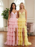 Pink Halter Beaded Corset Tiered Ruffle Long Prom Dress with Slit