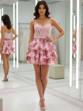 Robe courte de bal en dentelle rose, bustier corset, volants à étages à fleurs