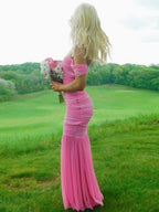 Pink Mermaid Off-Shoulder Sweetheart Pleats Long Prom Dress