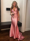 Pink Mermaid V Neck Sleeveless Long Satin Prom Dress