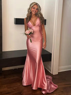 Pink Mermaid V Neck Sleeveless Long Satin Prom Dress