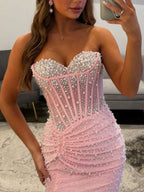 Pink Pearl Beaded Corset Prom Dress with Slit