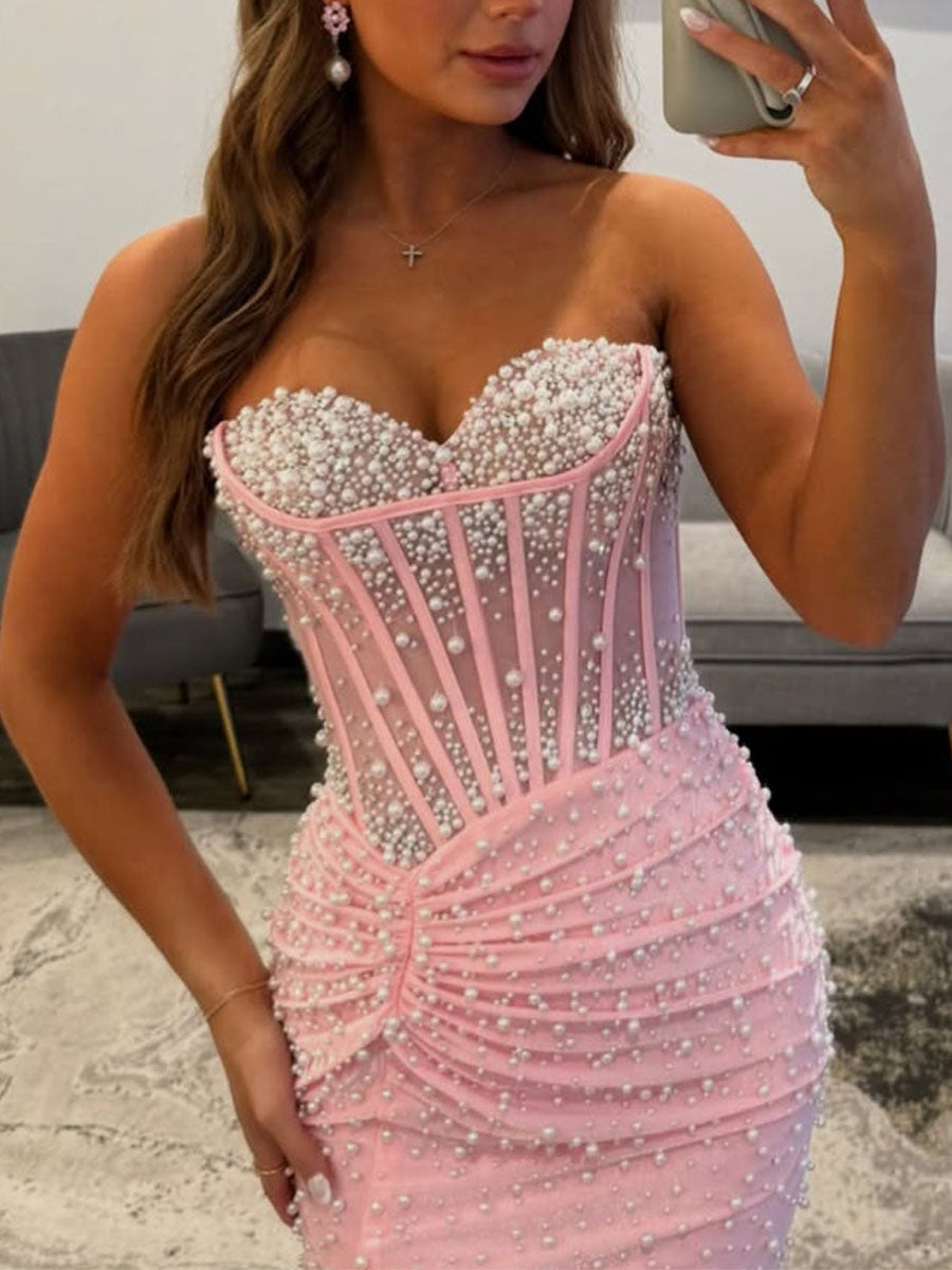Pink Pearl Beaded Corset Prom Dress with Slit