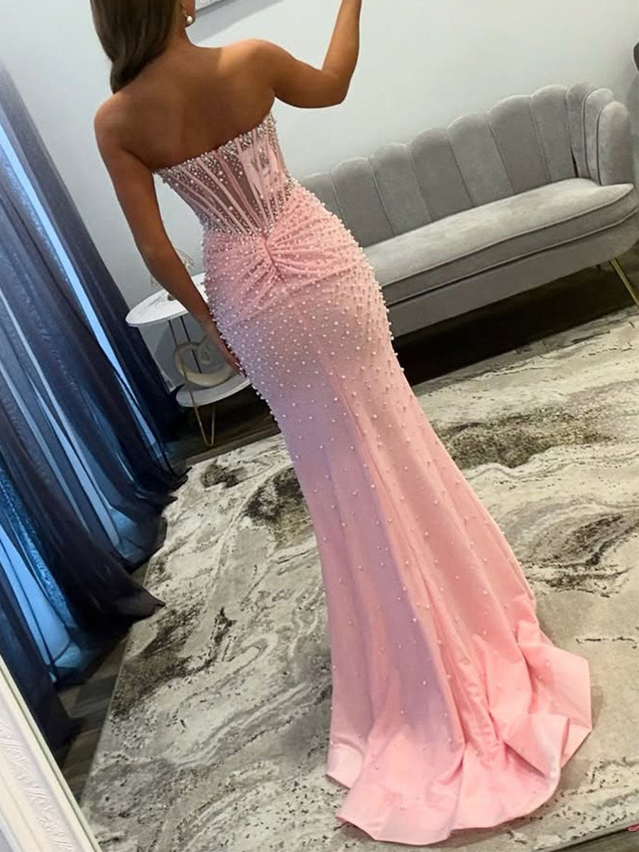 Pink Pearl Beaded Corset Prom Dress with Slit