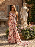 Pink Rose Print One Shoulder Draped Satin Long Prom Dress with Slit