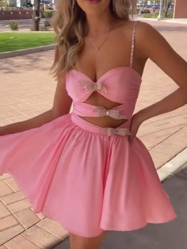 A-Linien Satin-Abschlussballkleid mit Spaghetti-Trägern und Illusions-Empire-Stil