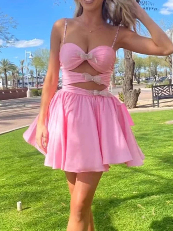 A-Linien Satin-Abschlussballkleid mit Spaghetti-Trägern und Illusions-Empire-Stil