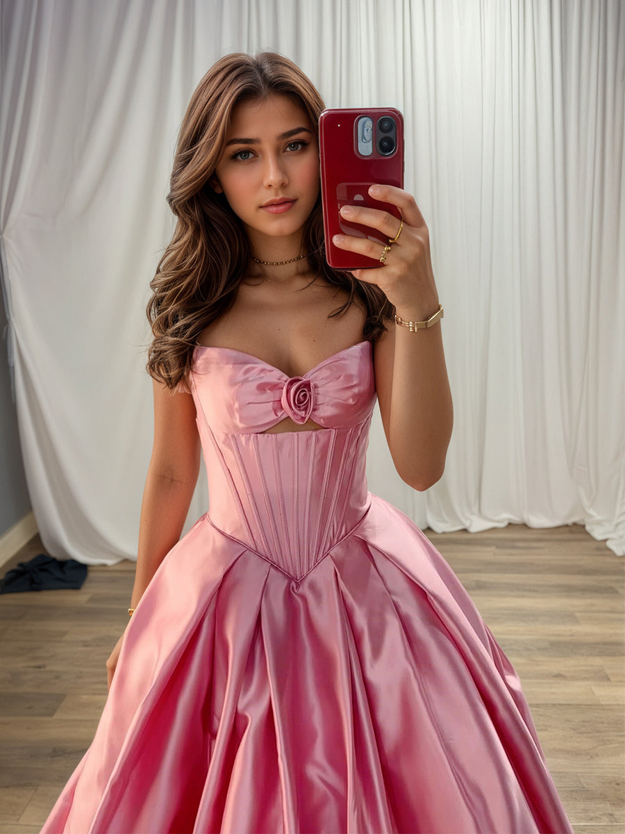 Rosa Satin trägerloses langes Korsett Ballkleid mit Rosette