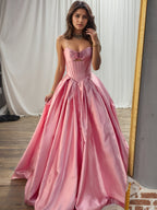 Rosa Satin trägerloses langes Korsett Ballkleid mit Rosette