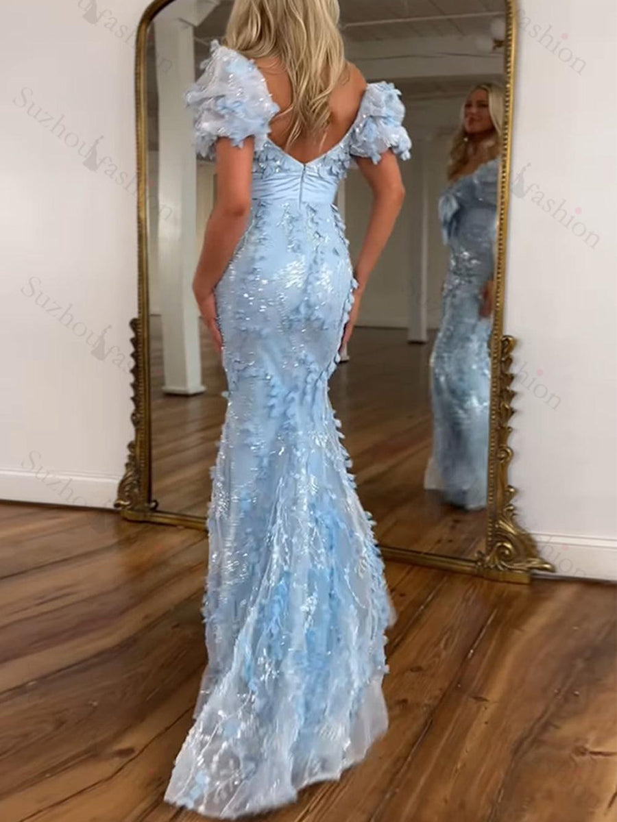 Vestido largo de fiesta sirena con lentejuelas rosas y detalle de lazo en forma de hoja