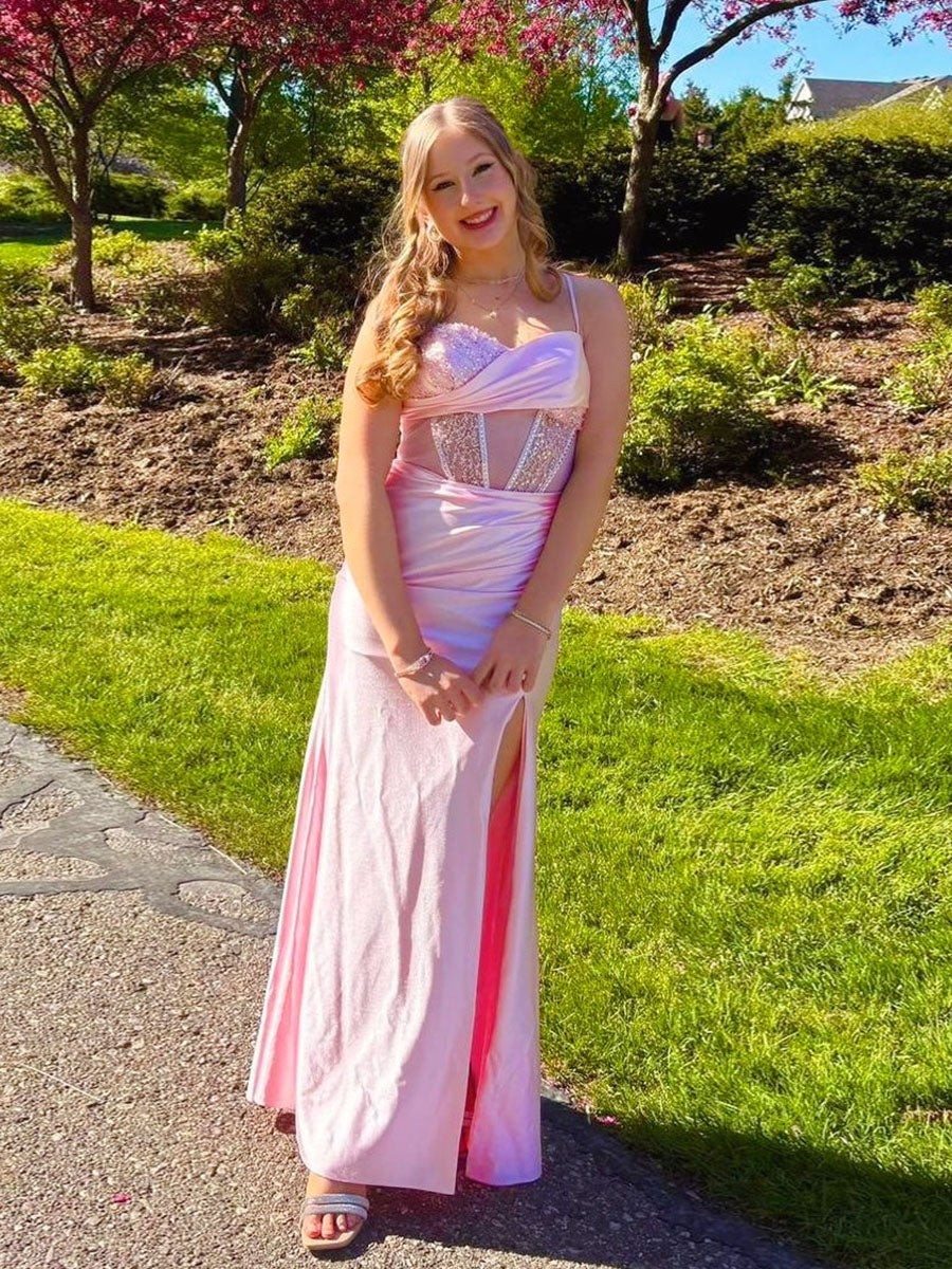 Robe de bal corset rose scintillante ornée de cristaux transparents avec fente