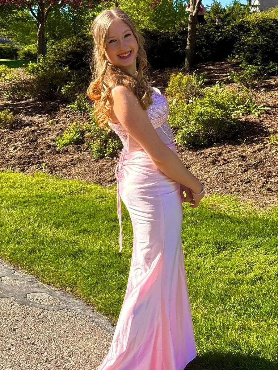 Robe de bal corset rose scintillante ornée de cristaux transparents avec fente