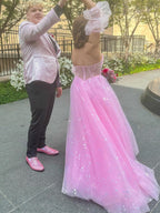 Pink Star Tulle Strapless Puff Sleeves Corset Prom Dress